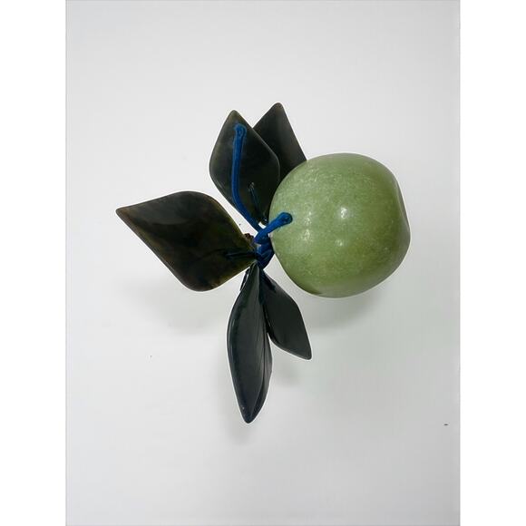 Vintage Serpentine Stone Apple-Carved Leaves-Jade Green-Gemstone Fruit Sculpture - Picture 2 of 6